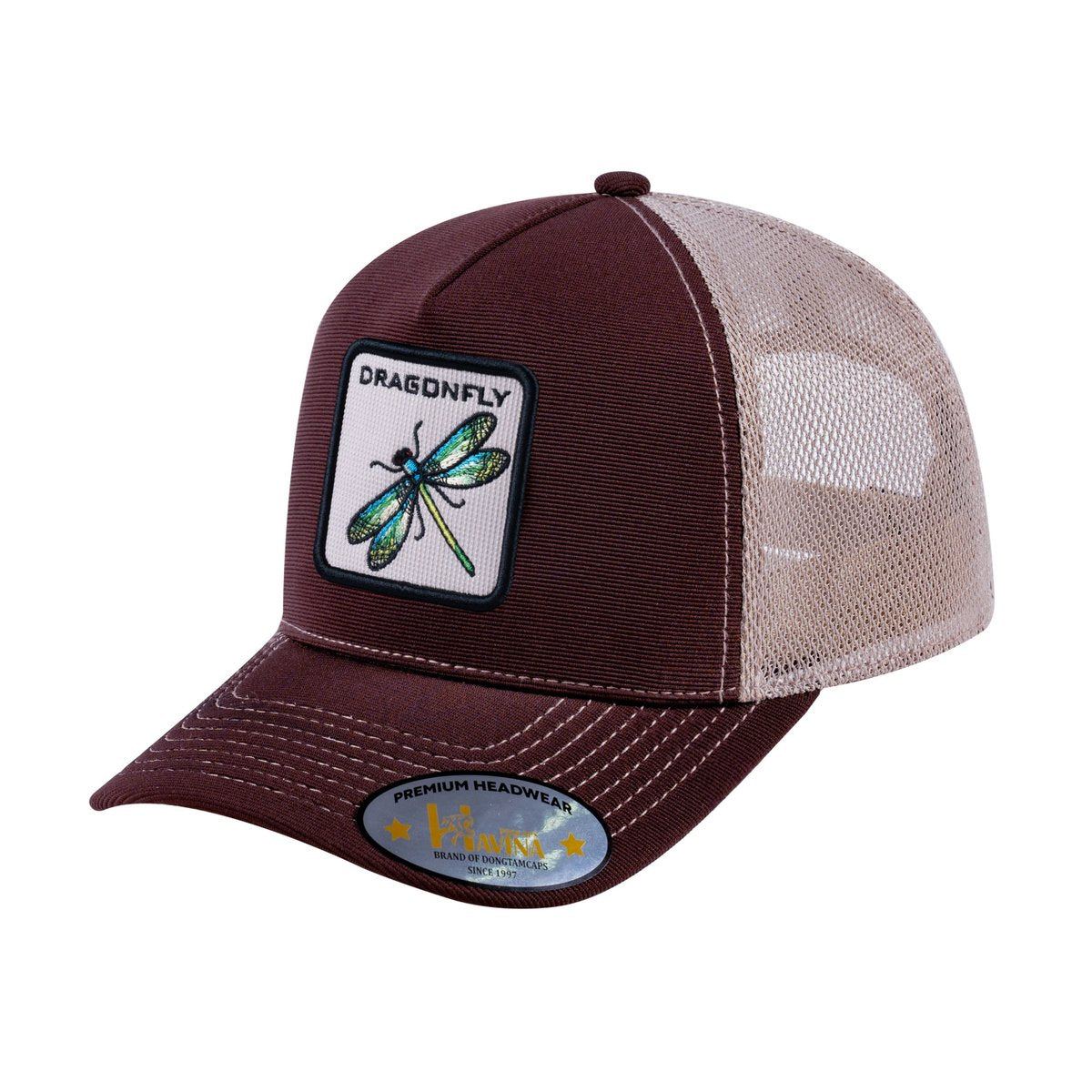 Unisex V2 Embroidered The Dragonfly, 5-Panel Trucker Hat, Dark Brown/Khaki, Adjustable Fit