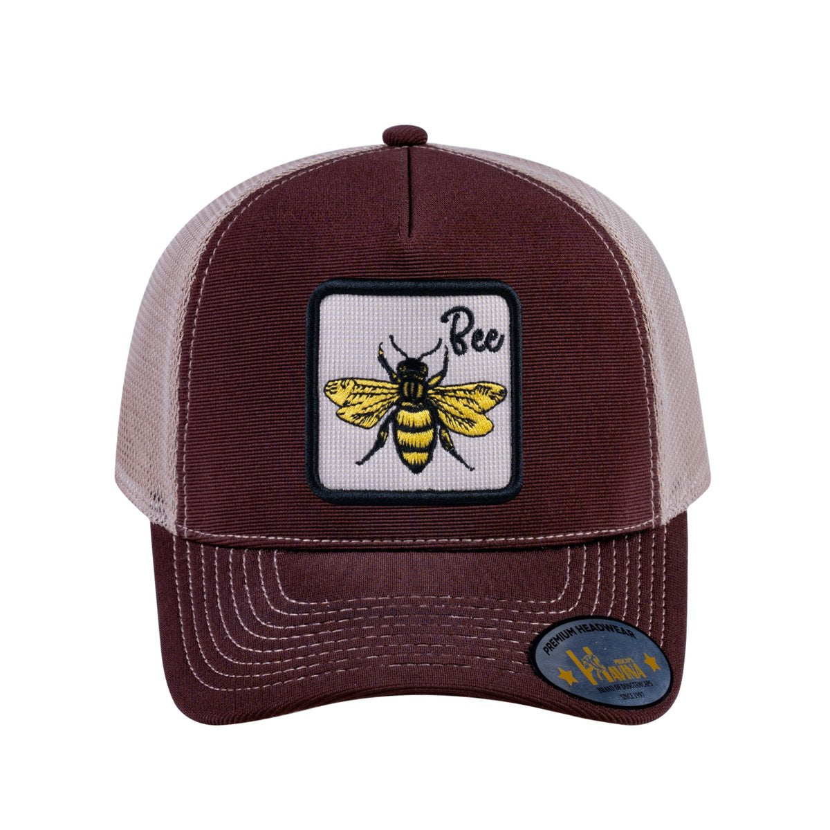 Unisex V2 Embroidered The Bee, 5-Panel Trucker Hat, Dark Brown/Khaki, Adjustable Fit