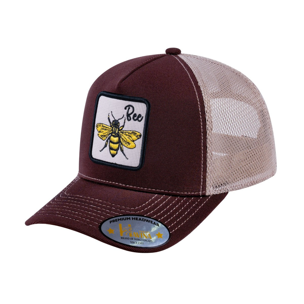 Unisex V2 Embroidered The Bee, 5-Panel Trucker Hat, Dark Brown/Khaki, Adjustable Fit