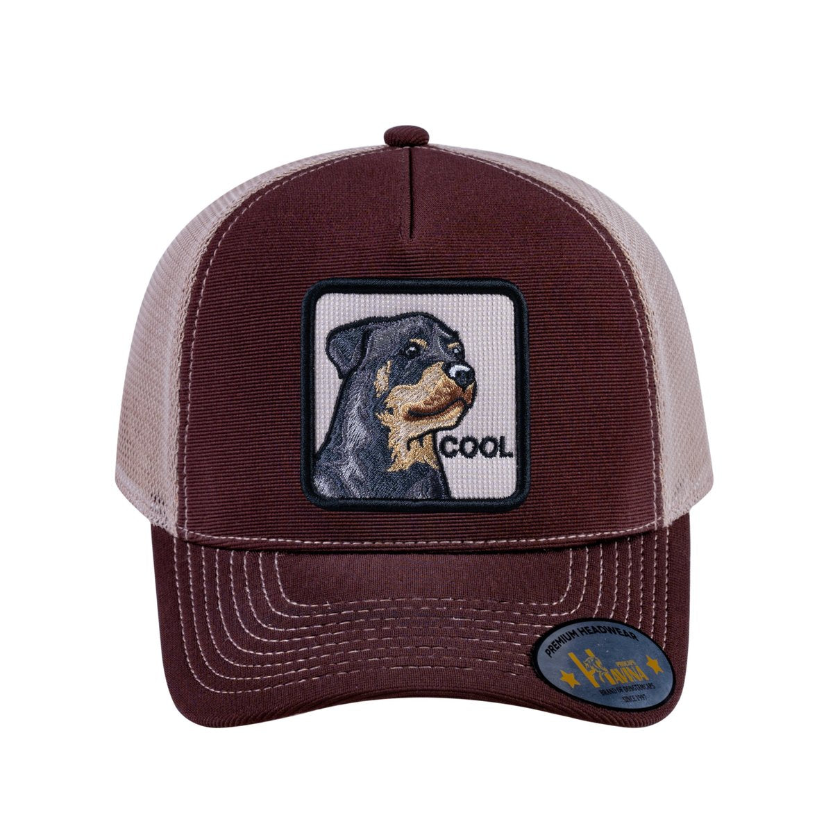 Unisex V2 Embroidered The Dog, 5-Panel Trucker Hat, Dark Brown/Khaki, Adjustable Fit