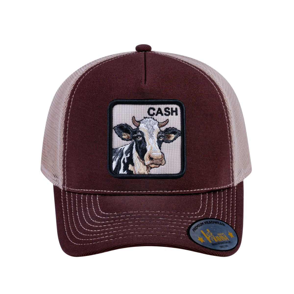 Unisex V2 Embroidered The Cow, 5-Panel Trucker Hat, Dark Brown/Khaki, Adjustable Fit
