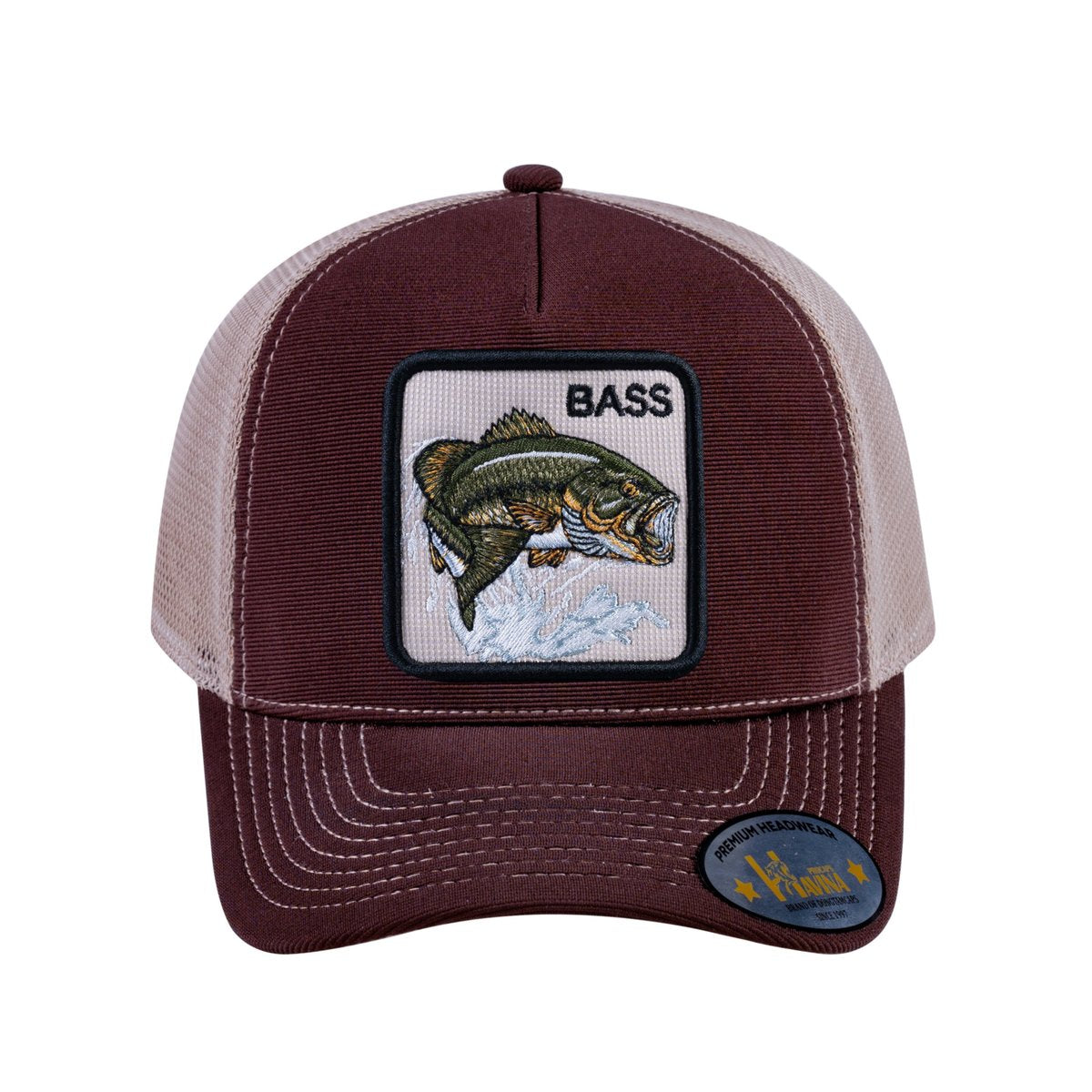 Unisex V2 Embroidered The Bass, 5-Panel Trucker Hat, Dark Brown/Khaki, Adjustable Fit