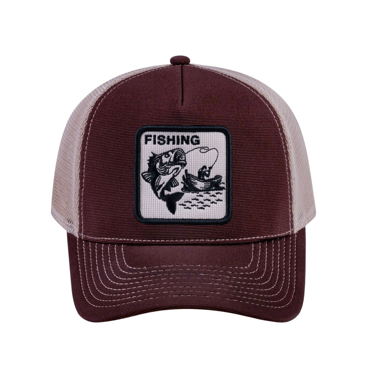 Unisex V2 Embroidered The Fishing, 5-Panel Trucker Hat, Dark Brown/Khaki, Adjustable Fit