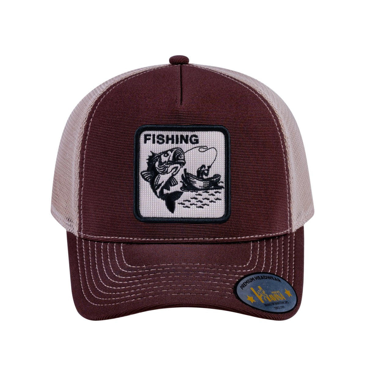 Unisex V2 Embroidered The Fishing, 5-Panel Trucker Hat, Dark Brown/Khaki, Adjustable Fit