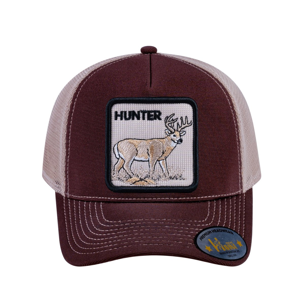Unisex V2 Embroidered The Hunter, 5-Panel Trucker Hat, Dark Brown/Khaki, Adjustable Fit