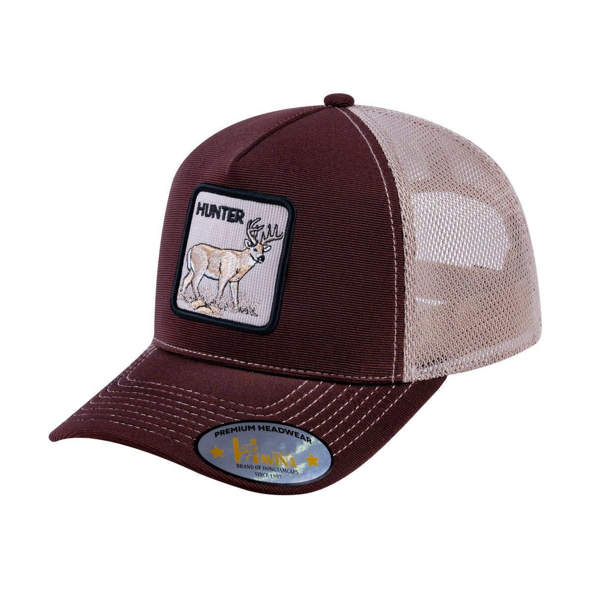Unisex V2 Embroidered The Hunter, 5-Panel Trucker Hat, Dark Brown/Khaki, Adjustable Fit
