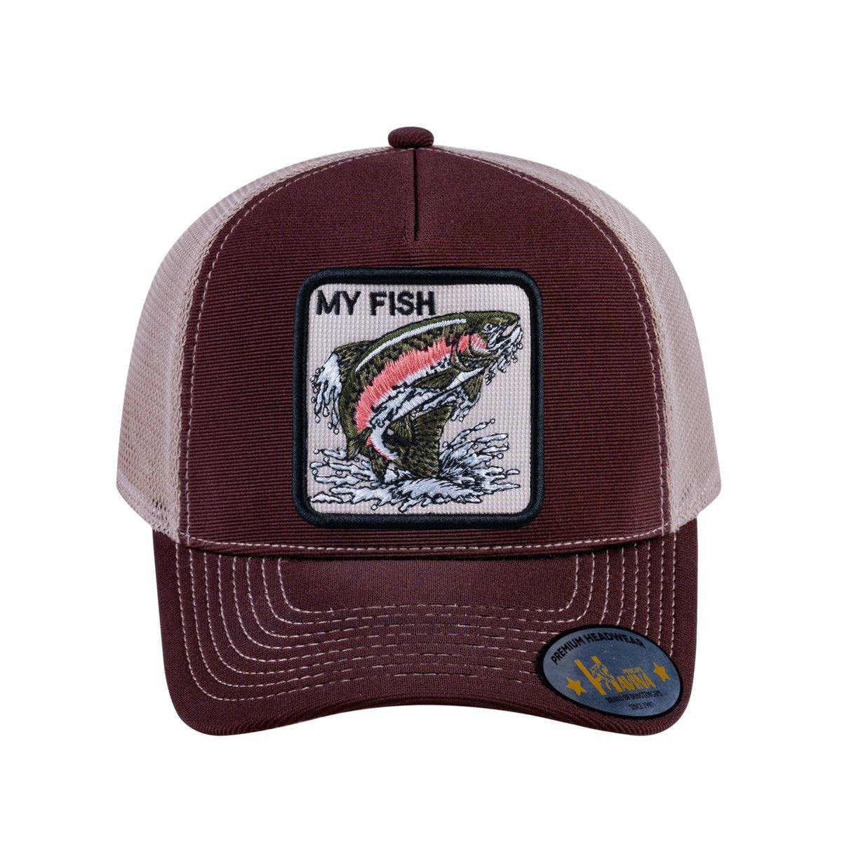 Unisex V2 Embroidered The Salmon, 5-Panel Trucker Hat, Dark Brown/Khaki, Adjustable Fit