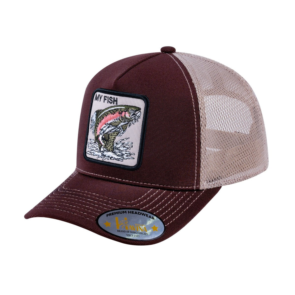 Unisex V2 Embroidered The Salmon, 5-Panel Trucker Hat, Dark Brown/Khaki, Adjustable Fit