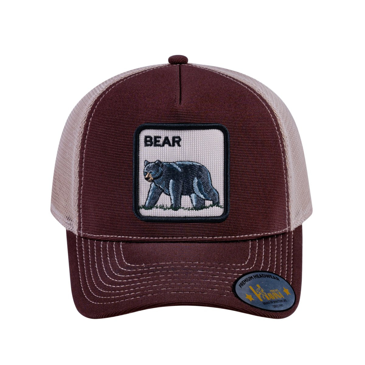 Unisex V2 Embroidered The Bear V2, 5-Panel Trucker Hat, Dark Brown/Khaki, Adjustable Fit