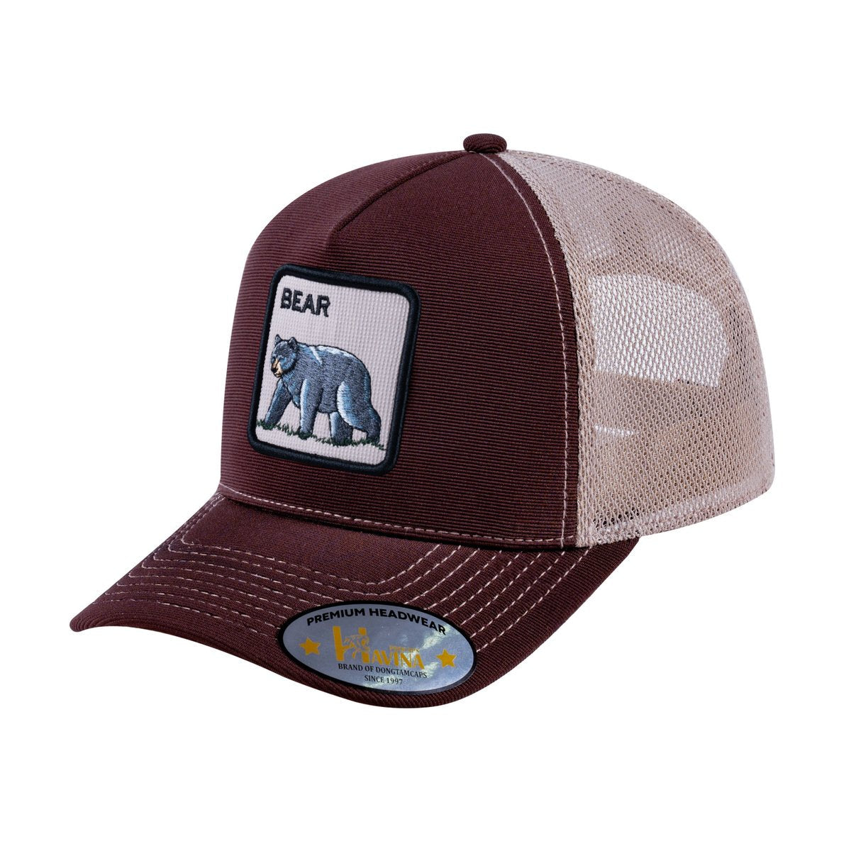 Unisex V2 Embroidered The Bear V2, 5-Panel Trucker Hat, Dark Brown/Khaki, Adjustable Fit