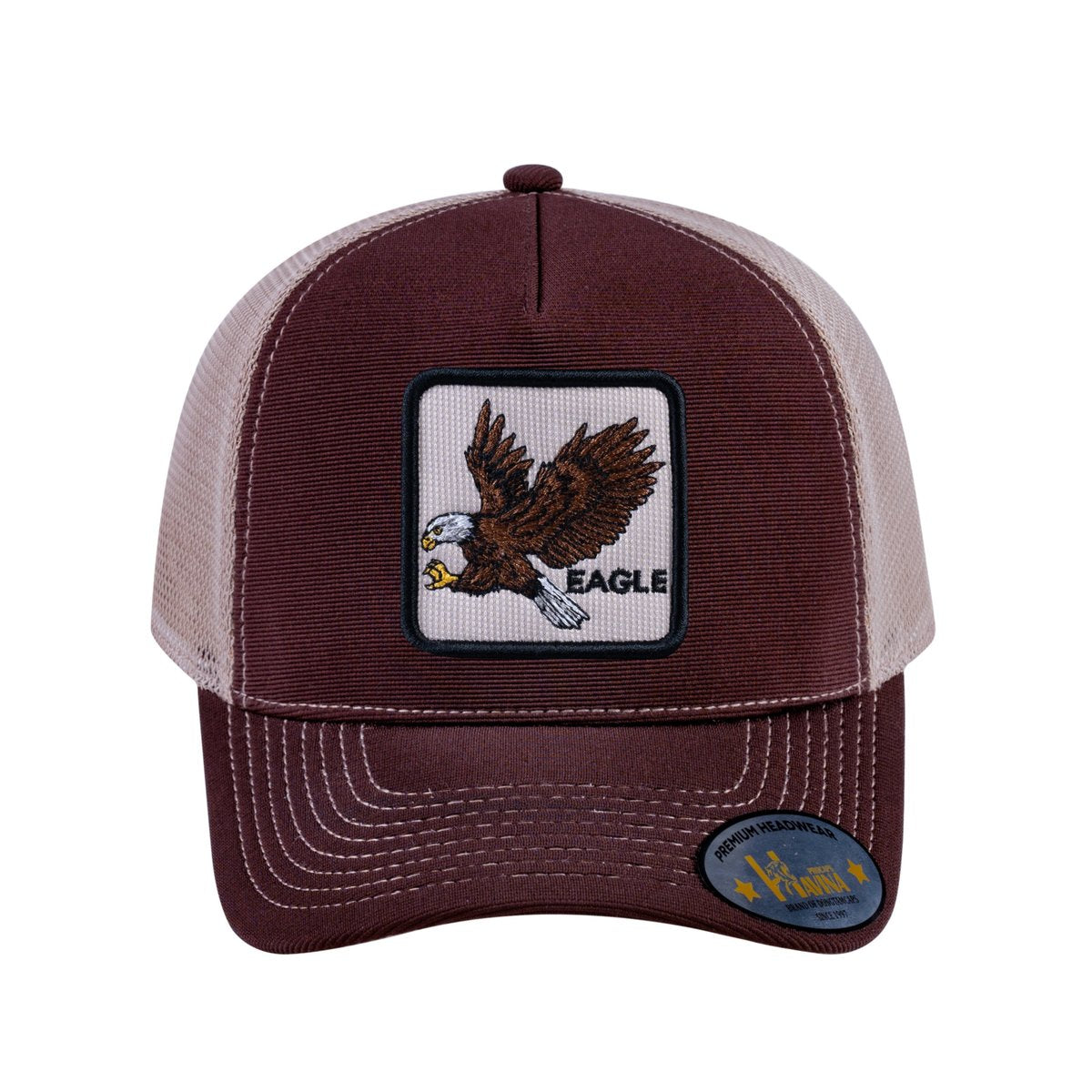 Unisex V2 Embroidered The Eagle, 5-Panel Trucker Hat, Dark Brown/Khaki, Adjustable Fit