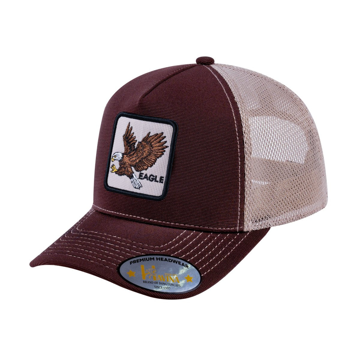 Unisex V2 Embroidered The Eagle, 5-Panel Trucker Hat, Dark Brown/Khaki, Adjustable Fit