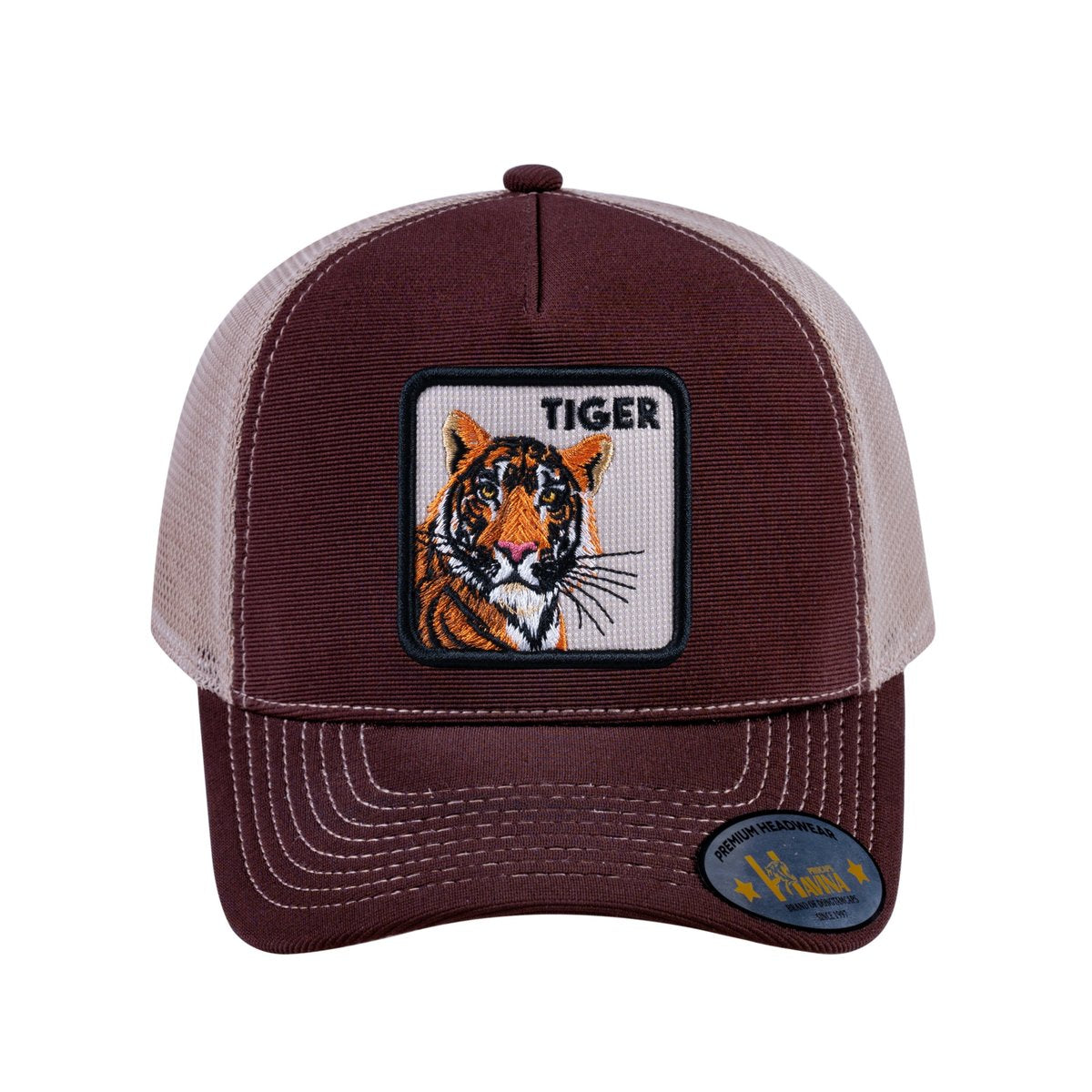 Unisex V2 Embroidered The Tiger, 5-Panel Trucker Hat, Dark Brown/Khaki, Adjustable Fit