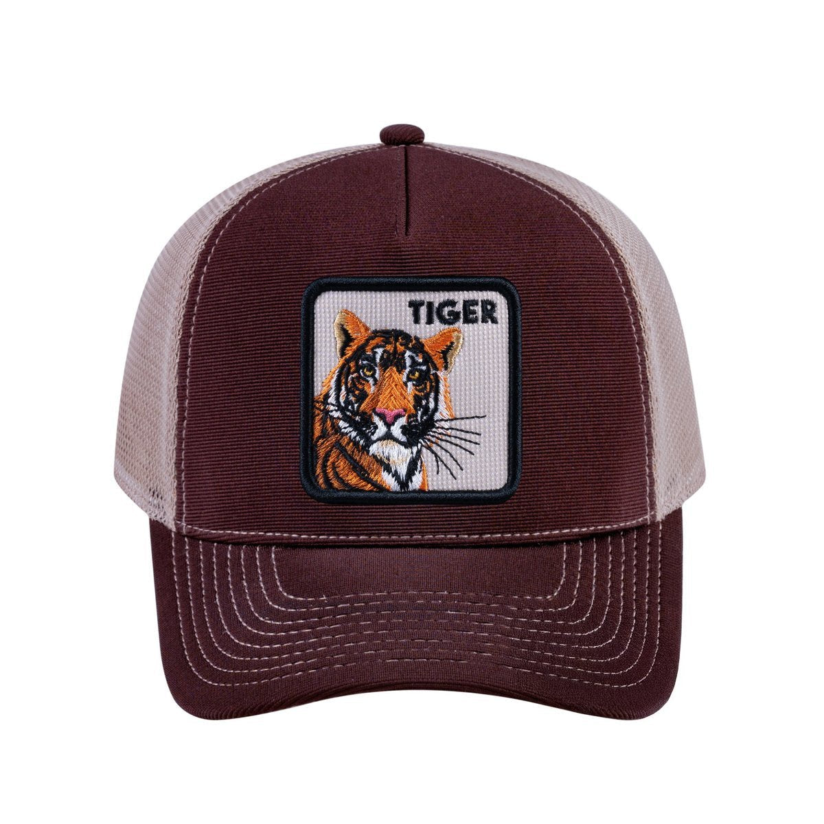 Unisex V2 Embroidered The Tiger, 5-Panel Trucker Hat, Dark Brown/Khaki, Adjustable Fit