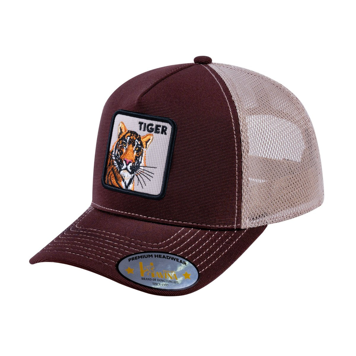 Unisex V2 Embroidered The Tiger, 5-Panel Trucker Hat, Dark Brown/Khaki, Adjustable Fit