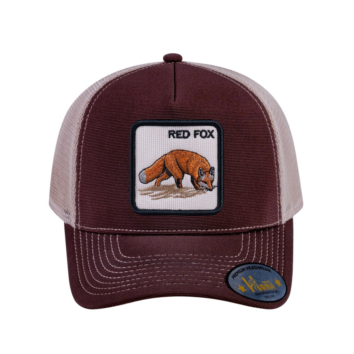 Unisex V2 Embroidered The Red Fox, 5-Panel Trucker Hat, Dark Brown/Khaki, Adjustable Fit