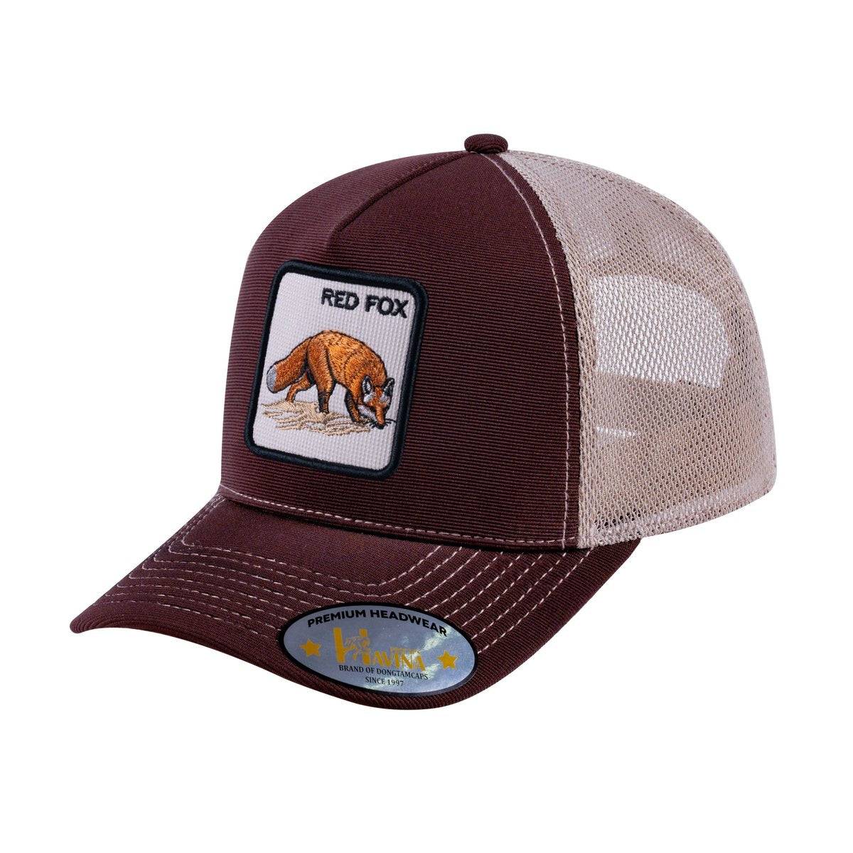 Unisex V2 Embroidered The Red Fox, 5-Panel Trucker Hat, Dark Brown/Khaki, Adjustable Fit
