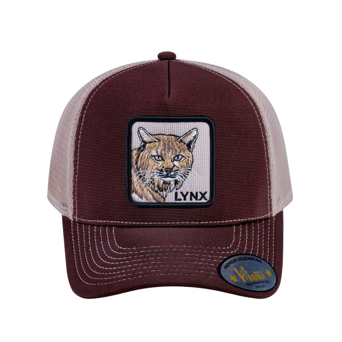 Unisex V2 Embroidered The Lynx, 5-Panel Trucker Hat, Dark Brown/Khaki, Adjustable Fit