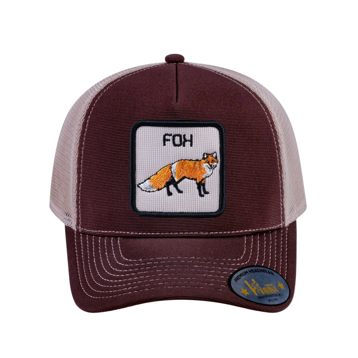 Unisex V2 Embroidered The Fox, 5-Panel Trucker Hat, Dark Brown/Khaki, Adjustable Fit
