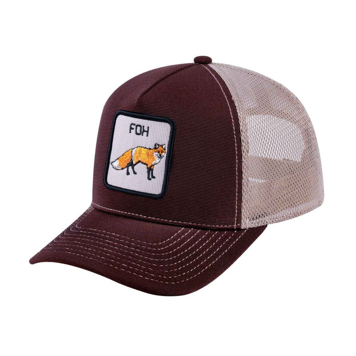 Unisex V2 Embroidered The Fox, 5-Panel Trucker Hat, Dark Brown/Khaki, Adjustable Fit