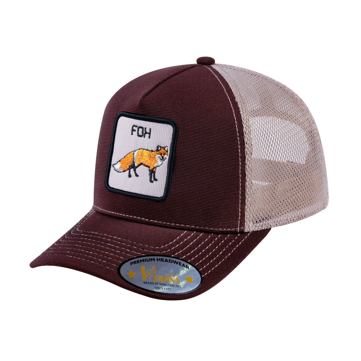 Unisex V2 Embroidered The Fox, 5-Panel Trucker Hat, Dark Brown/Khaki, Adjustable Fit