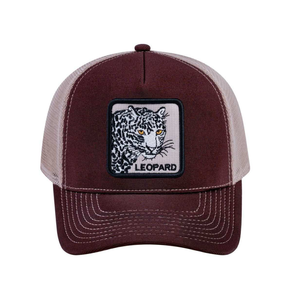 Unisex V2 Embroidered The Leopard, 5-Panel Trucker Hat, Dark Brown/Khaki, Adjustable Fit