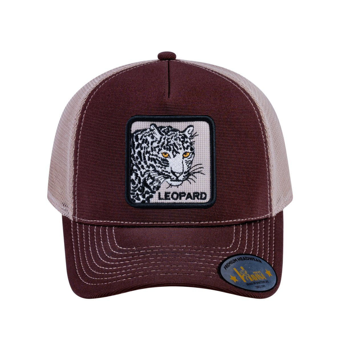 Unisex V2 Embroidered The Leopard, 5-Panel Trucker Hat, Dark Brown/Khaki, Adjustable Fit