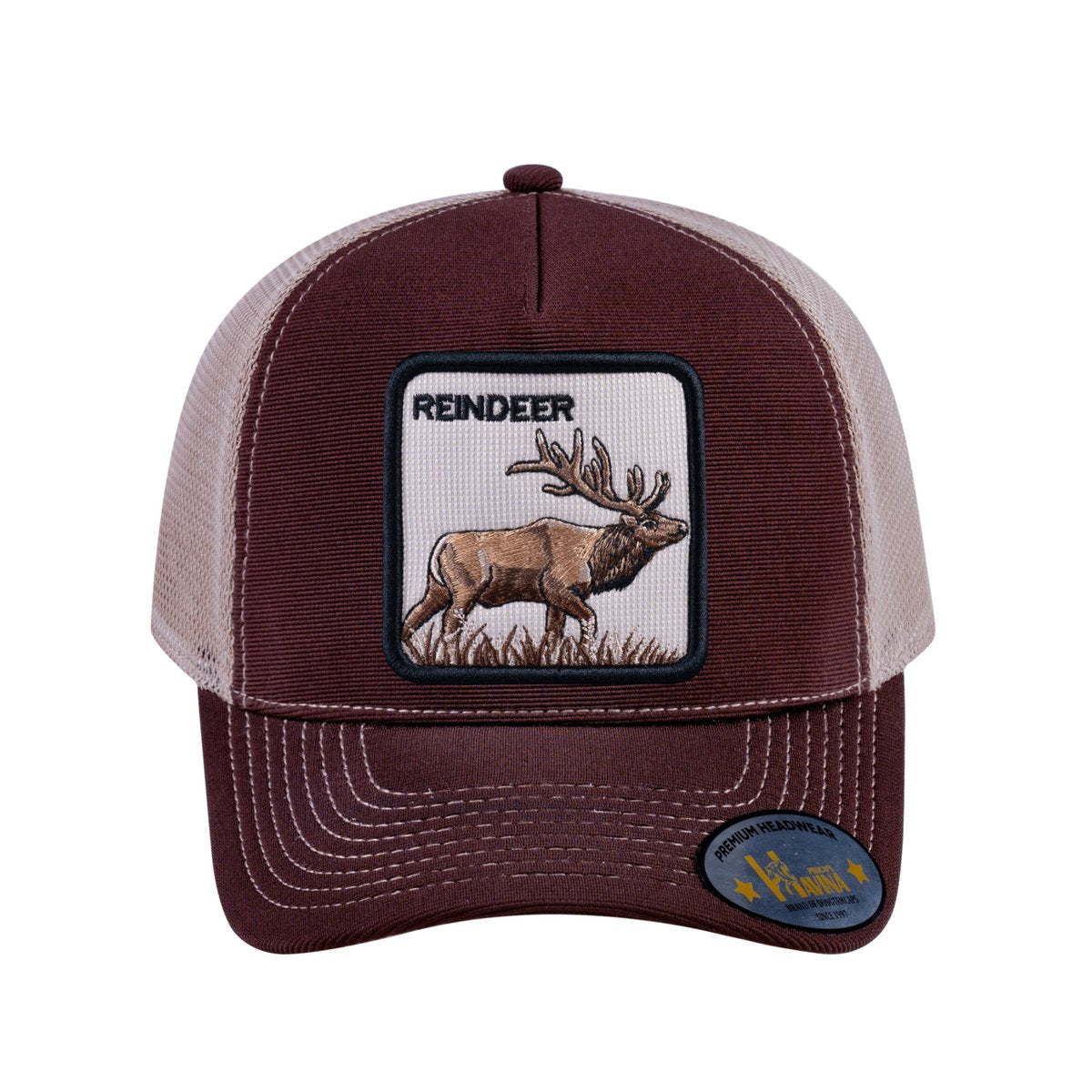 Unisex V2 Embroidered The Reindeer, 5-Panel Trucker Hat, Dark Brown/Khaki, Adjustable Fit