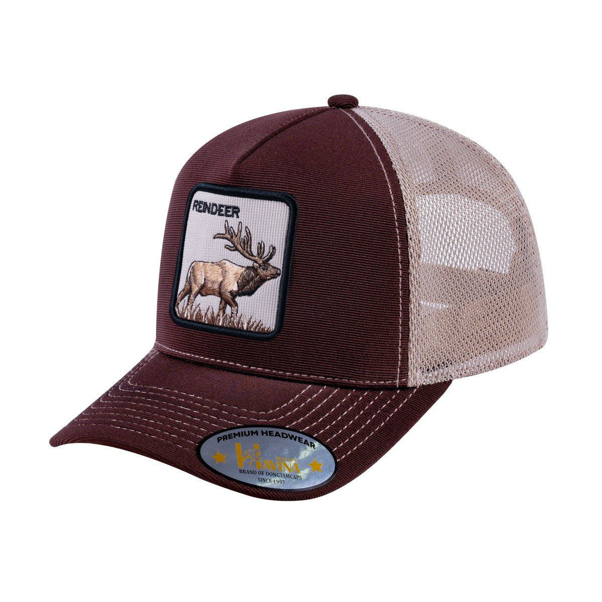 Unisex V2 Embroidered The Reindeer, 5-Panel Trucker Hat, Dark Brown/Khaki, Adjustable Fit