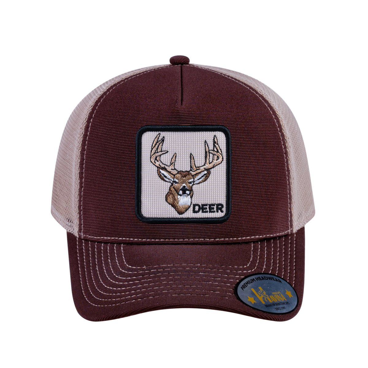 Unisex V2 Embroidered The Deer, 5-Panel Trucker Hat, Dark Brown/Khaki, Adjustable Fit