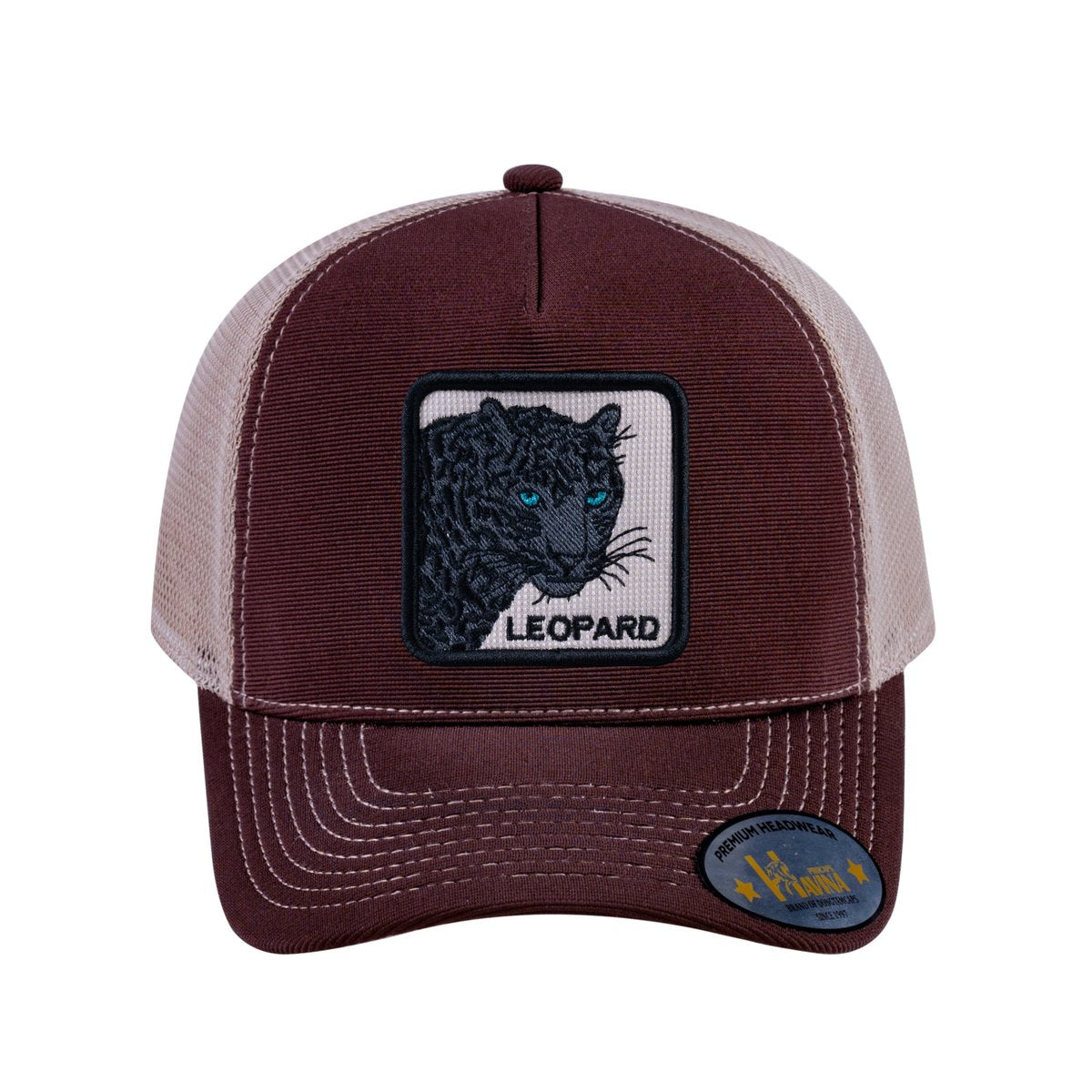 Unisex V2 Embroidered The Leopard V2, 5-Panel Trucker Hat, Dark Brown/Khaki, Adjustable Fit