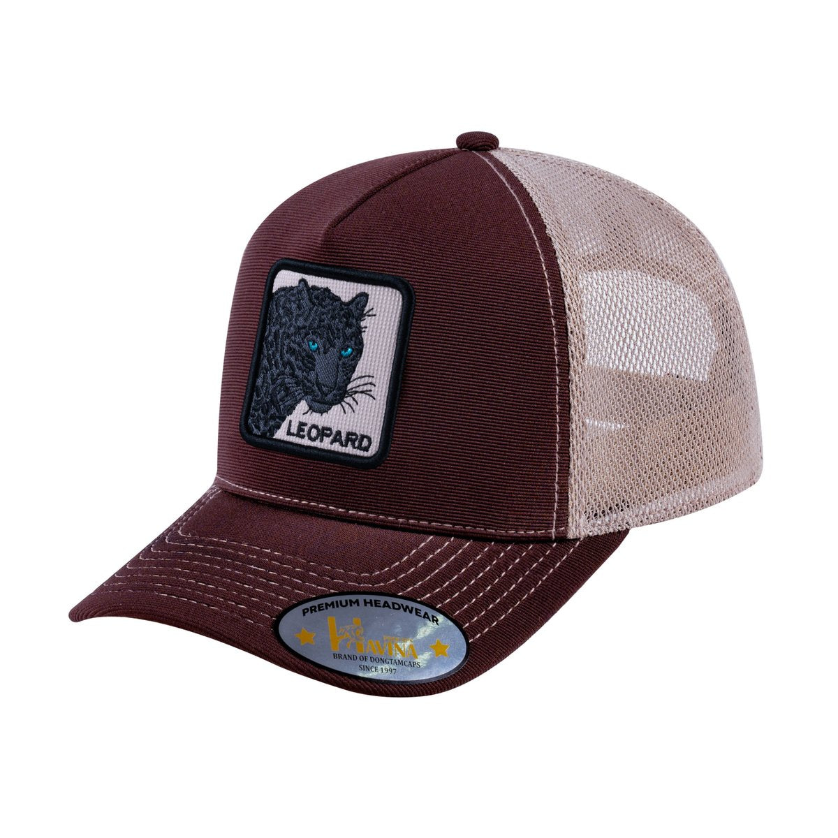 Unisex V2 Embroidered The Leopard V2, 5-Panel Trucker Hat, Dark Brown/Khaki, Adjustable Fit