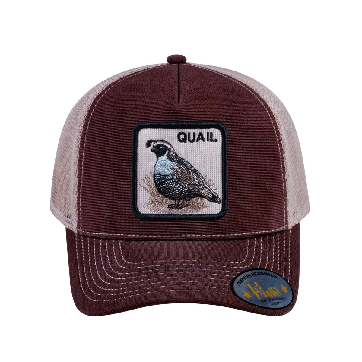 Unisex V2 Embroidered The Quail, 5-Panel Trucker Hat, Dark Brown/Khaki, Adjustable Fit