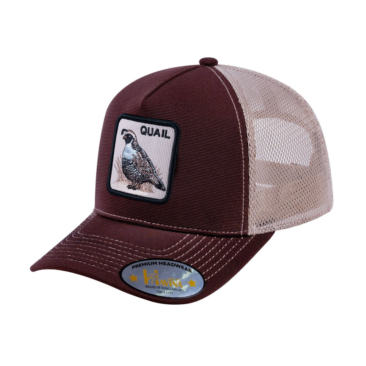 Unisex V2 Embroidered The Quail, 5-Panel Trucker Hat, Dark Brown/Khaki, Adjustable Fit