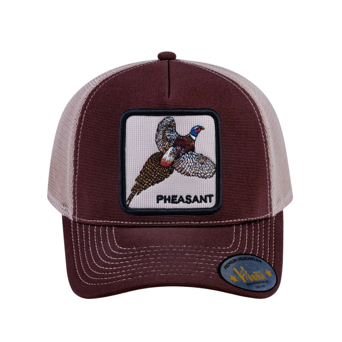 Unisex V2 Embroidered The Pheasant, 5-Panel Trucker Hat, Dark Brown/Khaki, Adjustable Fit