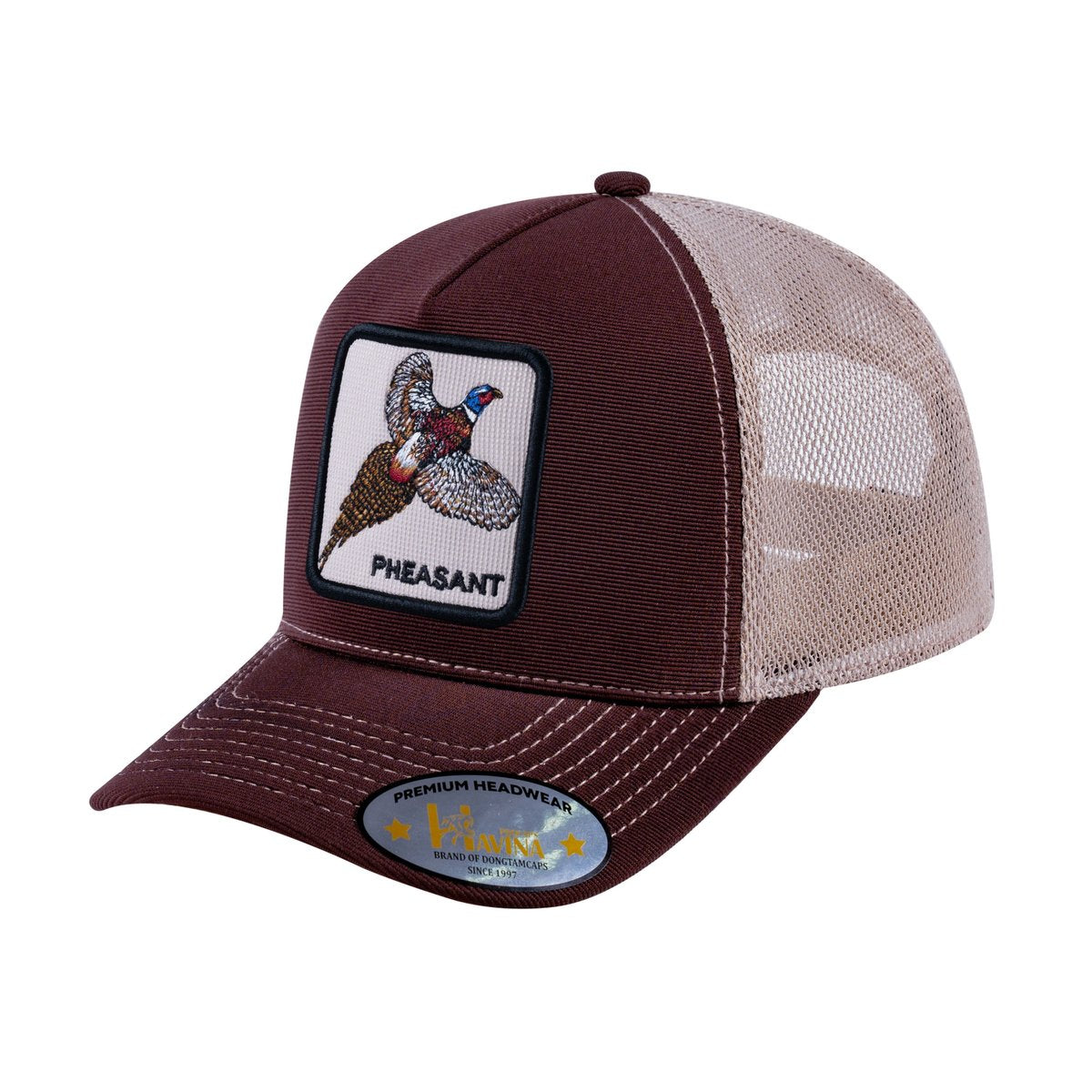 Unisex V2 Embroidered The Pheasant, 5-Panel Trucker Hat, Dark Brown/Khaki, Adjustable Fit