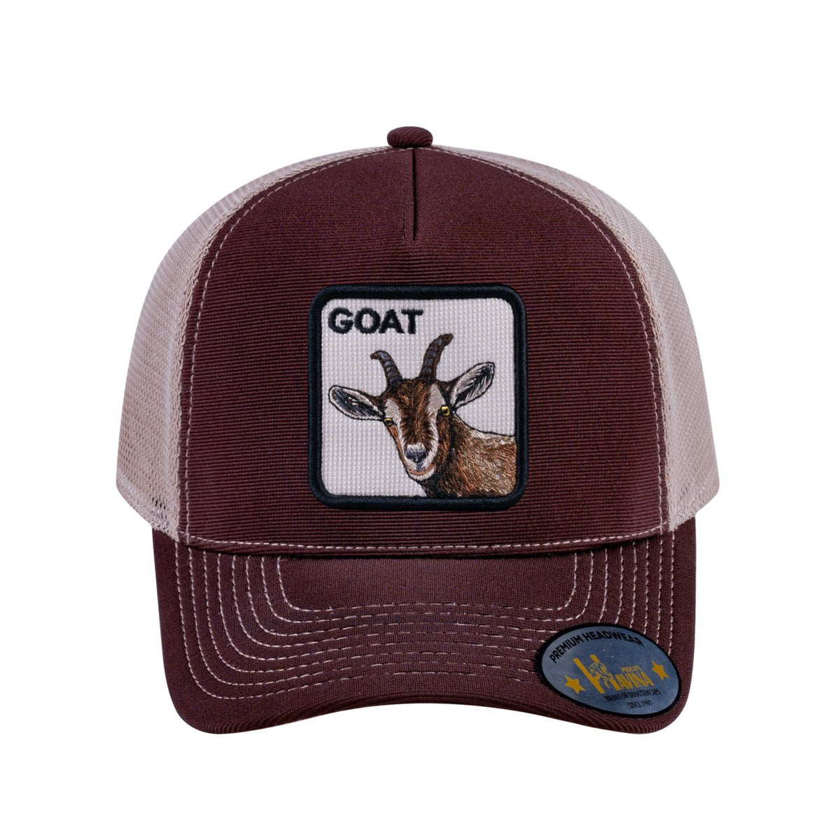 Unisex V2 Embroidered The Goat, 5-Panel Trucker Hat, Dark Brown/Khaki, Adjustable Fit