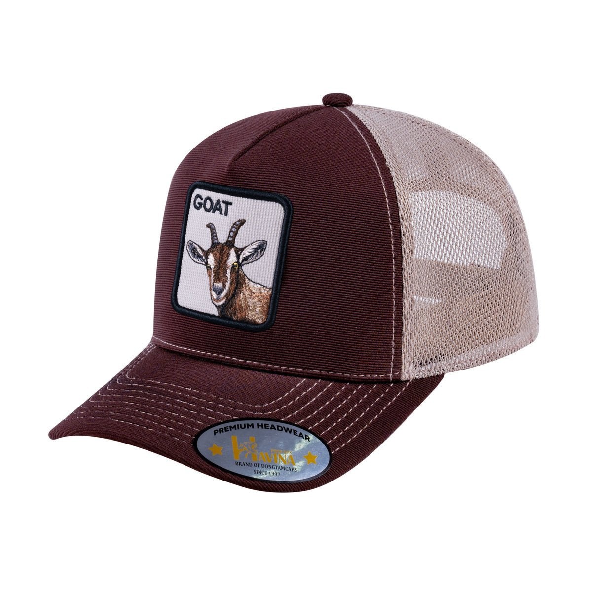Unisex V2 Embroidered The Goat, 5-Panel Trucker Hat, Dark Brown/Khaki, Adjustable Fit
