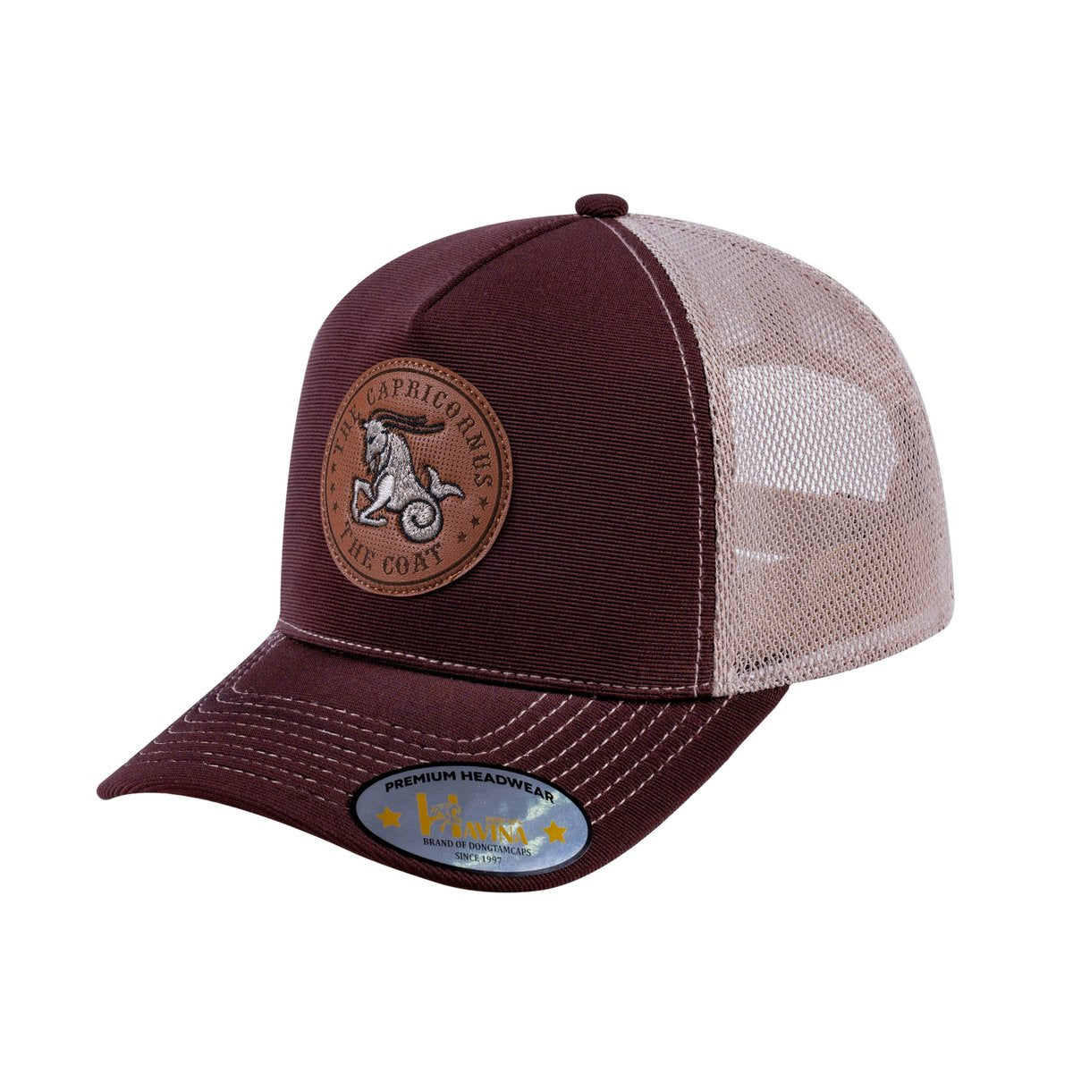 Unisex V2 Embroidered And Laser-Engraved Capricorn Zodiac (December 22, January 19), 5-Panel Trucker Hat, Dark Brown/Khaki, Adjustable Fit
