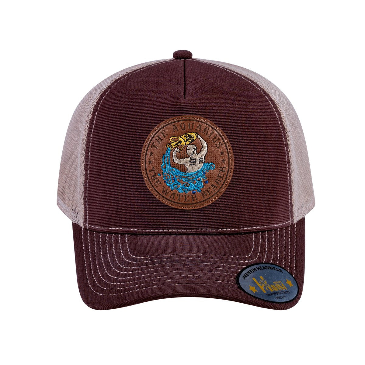 Unisex V2 Embroidered And Laser-Engraved Aquarius Zodiac (January 20, February 18), 5-Panel Trucker Hat, Dark Brown/Khaki, Adjustable Fit