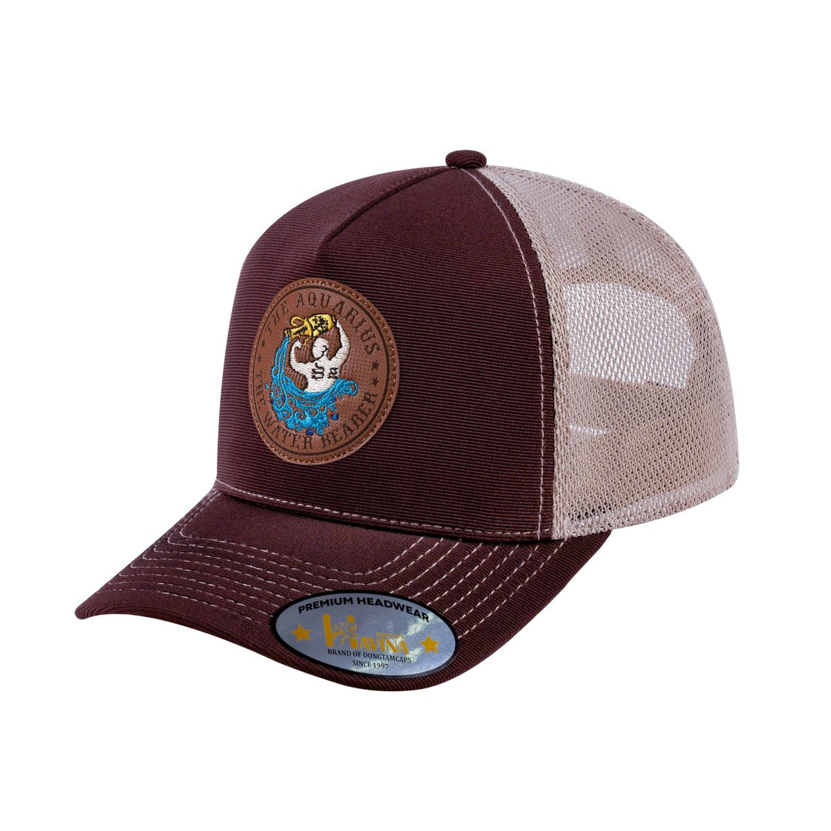 Unisex V2 Embroidered And Laser-Engraved Aquarius Zodiac (January 20, February 18), 5-Panel Trucker Hat, Dark Brown/Khaki, Adjustable Fit