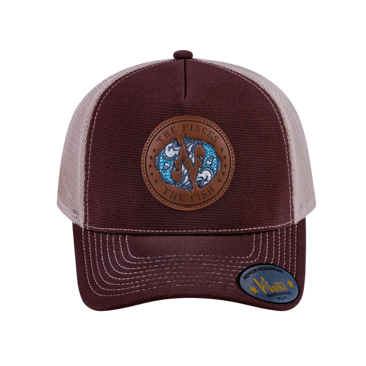 Unisex V2 Embroidered And Laser-Engraved Pisces Zodiac (February 19, March 20), 5-Panel Trucker Hat, Dark Brown/Khaki, Adjustable Fit