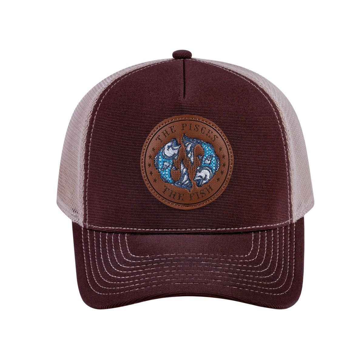 Unisex V2 Embroidered And Laser-Engraved Pisces Zodiac (February 19, March 20), 5-Panel Trucker Hat, Dark Brown/Khaki, Adjustable Fit