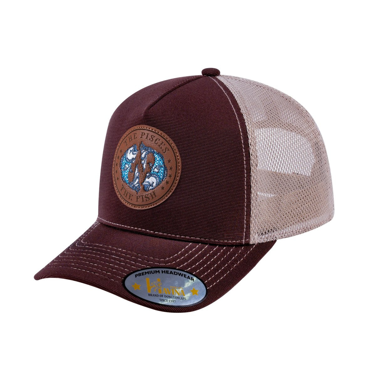 Unisex V2 Embroidered And Laser-Engraved Pisces Zodiac (February 19, March 20), 5-Panel Trucker Hat, Dark Brown/Khaki, Adjustable Fit
