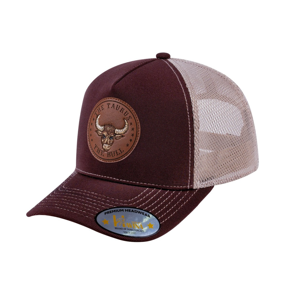 Unisex V2 Embroidered And Laser-Engraved Taurus Zodiac (April 20, May 20), 5-Panel Trucker Hat, Dark Brown/Khaki, Adjustable Fit