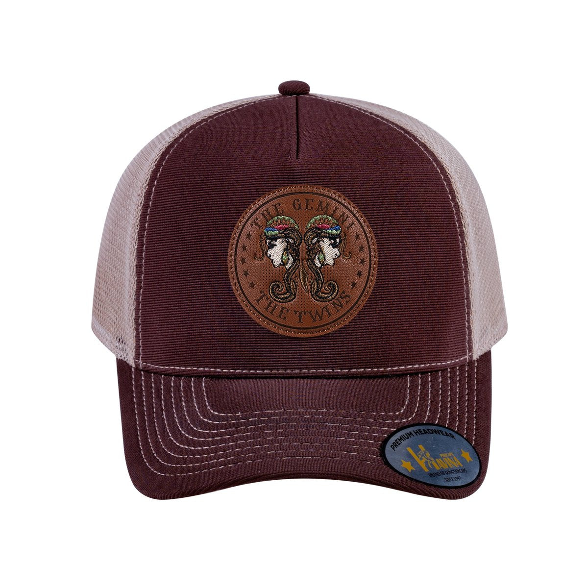 Unisex V2 Embroidered And Laser-Engraved Gemini Zodiac (May 21, June 20), 5-Panel Trucker Hat, Dark Brown/Khaki, Adjustable Fit