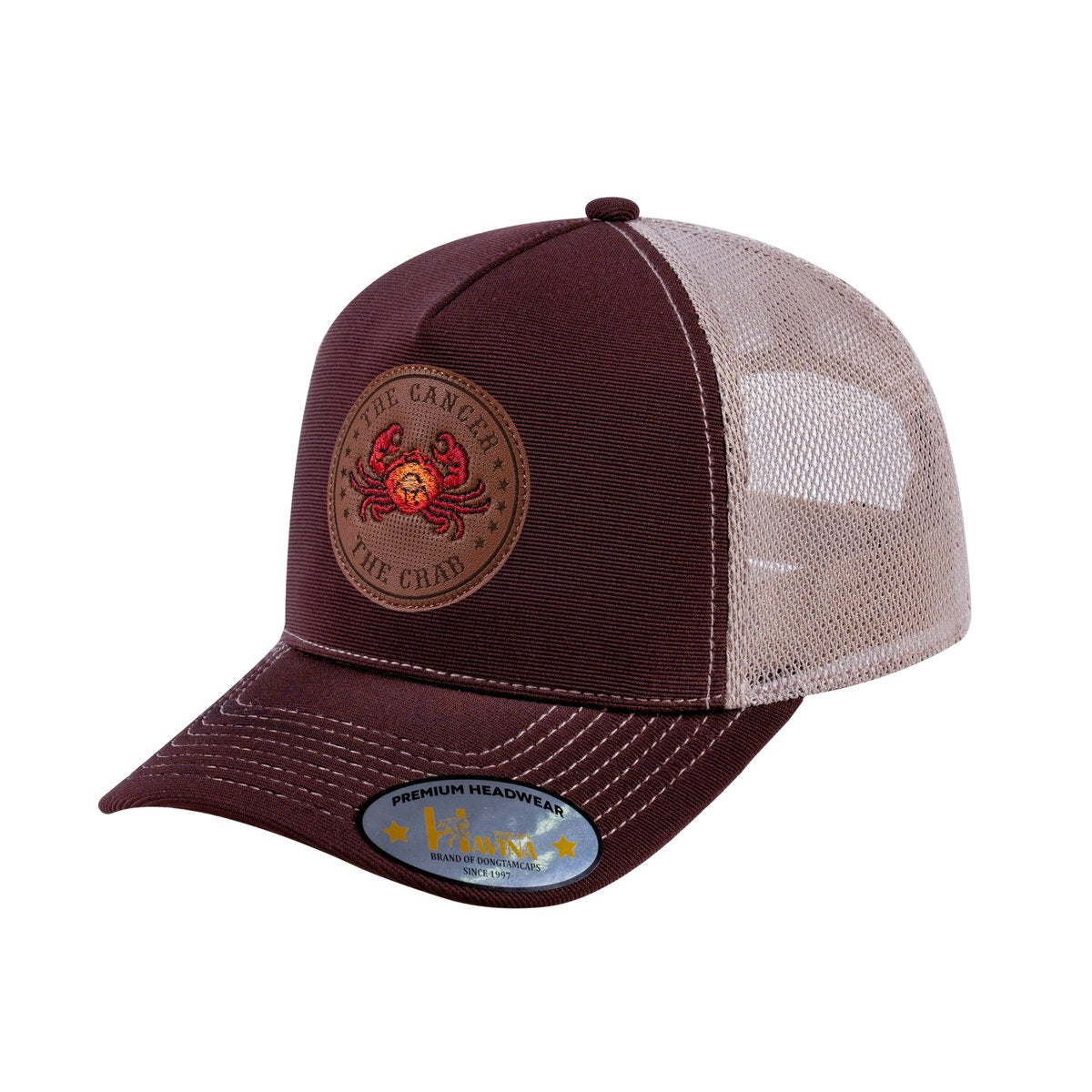 Unisex V2 Embroidered And Laser-Engraved Cancer Zodiac (June 21, July 22), 5-Panel Trucker Hat, Dark Brown/Khaki, Adjustable Fit