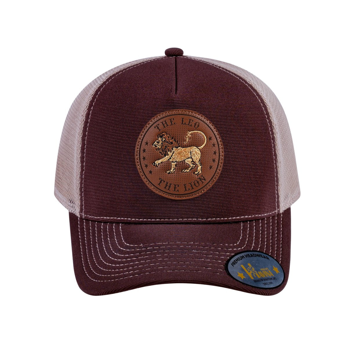 Unisex V2 Embroidered And Laser-Engraved Leo Zodiac (July 23, August 22), 5-Panel Trucker Hat, Dark Brown/Khaki, Adjustable Fit
