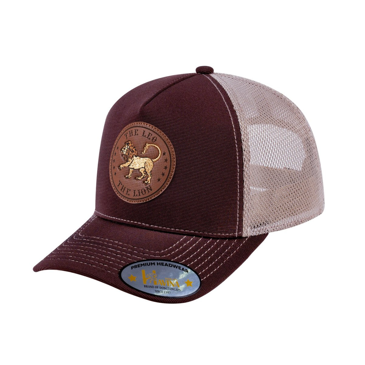 Unisex V2 Embroidered And Laser-Engraved Leo Zodiac (July 23, August 22), 5-Panel Trucker Hat, Dark Brown/Khaki, Adjustable Fit