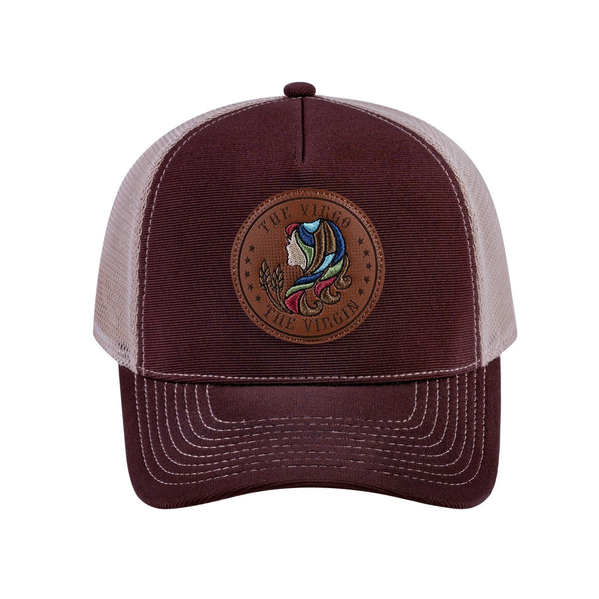 Unisex V2 Embroidered And Laser-Engraved Virgo Zodiac (August 23, September 22), 5-Panel Trucker Hat, Dark Brown/Khaki, Adjustable Fit